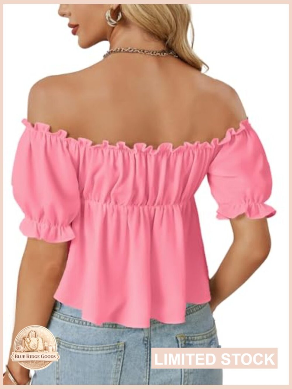 Off Shoulder Ruffle Trim Puff Sleeve Tie Front Peplum Blouse Babydoll Top - Picture 5 of 6